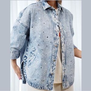 Mirror Studded Denim Jacket Acid Wash Oversized Baggy Retro 80’s